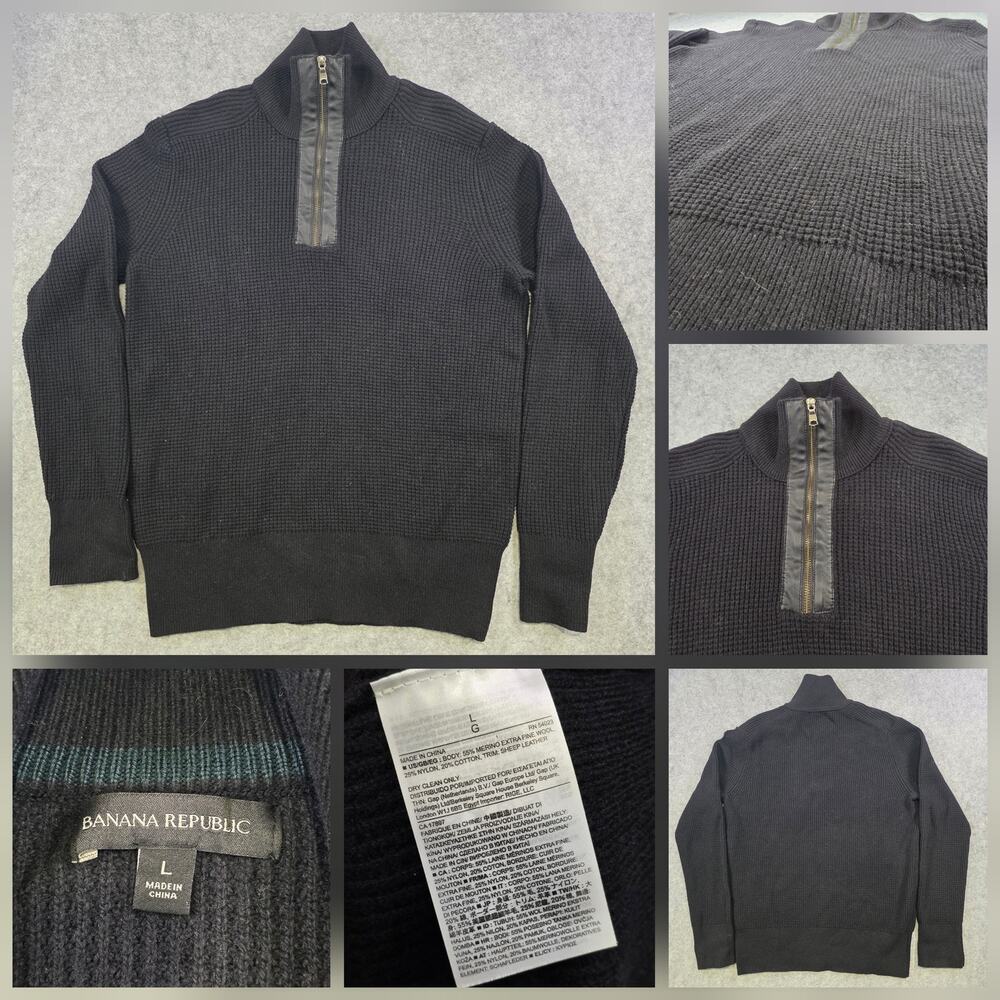 Banana Republic Sweater Mens Large Black 1/4 Zip Mock Neck Merino Waffle Knit
